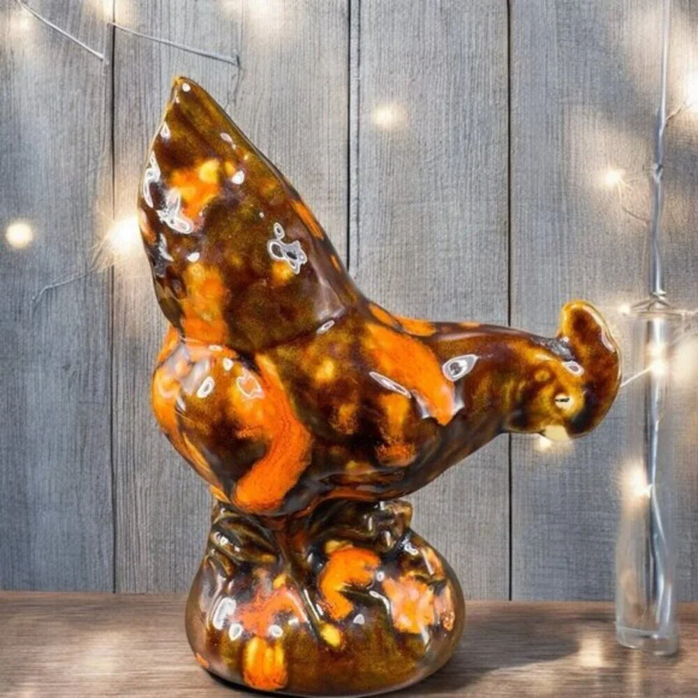 Vintage 1980s Folk Art Hand Glazed Chicken Hen Figurine Decorative Ceramic Decor